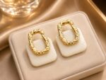 Gold Earrings for Women - Oval Shiny Hollow Design with Textured Surface for Everyday