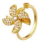 Gold Flower Ring with Cubic Zirconia Stones for Women - Floral Design, Adjustable Gold Band, Sparkling Party Jewelry