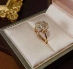 Gold Diamond Ring with Floral Design, White and Gold Color, Ornate Velvet Box for Women Engagement, Wedding and Gifting Occasions