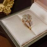 Gold Diamond Ring with Floral Design, White and Gold Color, Ornate Velvet Box for Women Engagement, Wedding and Gifting Occasions