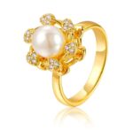 Gold Pearl Ring with Clear Gemstones and Thick Gold Setting for Women - Formal Occasions