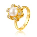 Gold Pearl Ring with Clear Gemstones and Thick Gold Setting for Women - Formal Occasions