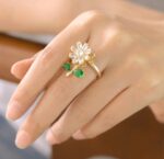 Gold Flower Ring with Green Stones - Gold-Plated Metal, Floral Design, Clear Center Stones, Fashion Jewelry for Women - Image 2