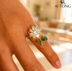 Gold Flower Ring with Green Stones - Gold-Plated Metal, Floral Design, Clear Center Stones, Fashion Jewelry for Women - Image 4