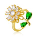 Gold Flower Ring with Green Stones - Gold-Plated Metal, Floral Design, Clear Center Stones, Fashion Jewelry for Women