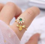 Gold Plated Bee and Flower Ring Set with Green, White, and Yellow Gemstones for Women - Modern Fashion Jewelry - Image 3