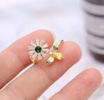 Gold Plated Bee and Flower Ring Set with Green, White, and Yellow Gemstones for Women - Modern Fashion Jewelry