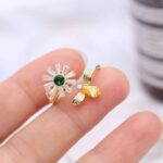 Gold Plated Bee and Flower Ring Set with Green, White, and Yellow Gemstones for Women - Modern Fashion Jewelry