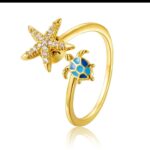 Gold Plated Starfish and Turtle Ring with Blue and White Stones for Women Casual Beach Outfits - Image 3