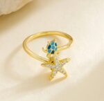 Gold Plated Starfish and Turtle Ring with Blue and White Stones for Women Casual Beach Outfits