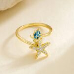 Gold Plated Starfish and Turtle Ring with Blue and White Stones for Women Casual Beach Outfits