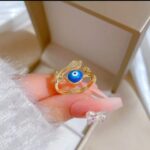 Gold Plated Evil Eye Ring with Blue and White Eye Design for Women - Adjustable Fashion Jewelry for Casual Wear