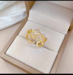 Gold Plated Flower Ring with Cubic Zirconia Stones for Women - Stackable Floral Design, Pinky Ring with Bow for Everyday, Party & Gifting - Image 3