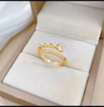 Gold Ring with Pearls and Stones - Double-Layered Band with White and Gold Design for Women