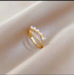 Gold Ring with Pearls and Stones - Double-Layered Band with White and Gold Design for Women - Image 4