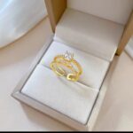 Gold Plated Ring with Stone for Women - Double Band Twist Design, White and Gold Color, Formal Jewelry for Engagement, Wedding & Gifting