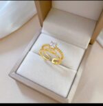 Gold Plated Ring with Stone for Women - Double Band Twist Design, White and Gold Color, Formal Jewelry for Engagement, Wedding & Gifting