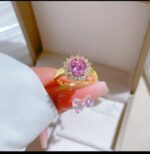 Gold Plated Ring with Pink Gemstone and Small White Stones for Women - Formal Events and Gifting