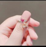 Gold Plated Heart Shaped Ring with Pink Crystal and White Star Design for Women - Image 2