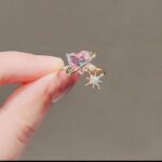 Gold Plated Heart Shaped Ring with Pink Crystal and White Star Design for Women