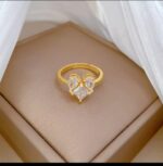 Gold Plated Heart Shaped Ring with Double Heart Stones for Women - Fashion Jewelry for Everyday and Gifting