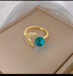 Gold Plated Ring with Blue Stone Leaf Design for Women - Modern Fashion Jewelry for Everyday