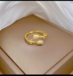 Gold Plated Adjustable Ring with Cubic Zirconia Stones for Women - Openable Design, Small Stones on Sides, Modern Style, for Everyday Wear, Party, and Gifting