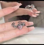 Silver Heart-Shaped Ring with Pink Stone for Women - Modern Fashion Jewelry for Everyday Wear and Gifting - Image 2