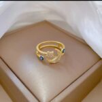 Gold Plated Crescent Moon Ring with Star and Blue Eye Design for Women - Image 3