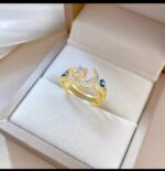 Gold Plated Crescent Moon Ring with Star and Blue Eye Design for Women