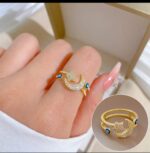 Gold Plated Crescent Moon Ring with Star and Blue Eye Design for Women - Image 2