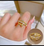 Gold Plated Ring with Cubic Zirconia Stones for Women, Double-Layered Band, Formal Party Jewelry, Engagement Ring Design - Image 3