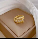 Gold Plated Ring with Cubic Zirconia Stones for Women, Double-Layered Band, Formal Party Jewelry, Engagement Ring Design - Image 4