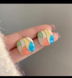 Multicolor Geometric Mosaic Stud Earrings for Women - Gold Outline, Colorful Sections, Everyday & - Image 3