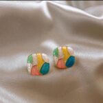 Multicolor Geometric Mosaic Stud Earrings for Women - Gold Outline, Colorful Sections, Everyday &