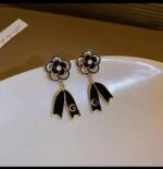 Gold-tone Floral Earrings with Black Enamel and Clear Stones for Women - Party and Everyday Wear - Image 4