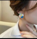 Multicolor Geometric Mosaic Stud Earrings for Women - Gold Outline, Colorful Sections, Everyday & - Image 2