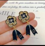 Gold-tone Floral Earrings with Black Enamel and Clear Stones for Women - Party and Everyday Wear - Image 3