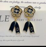 Gold-tone Floral Earrings with Black Enamel and Clear Stones for Women - Party and Everyday Wear