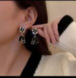 Gold-tone Floral Earrings with Black Enamel and Clear Stones for Women - Party and Everyday Wear - Image 2