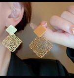 Gold Filigree Dangling Earrings with Square-Shape and Intricate Geometric Design for Women to Wear at Formal Events and Parties - Image 4