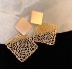 Gold Filigree Dangling Earrings with Square-Shape and Intricate Geometric Design for Women to Wear at Formal Events and Parties