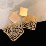 Gold Filigree Dangling Earrings with Square-Shape and Intricate Geometric Design for Women to Wear at Formal Events and Parties