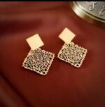 Gold Filigree Dangling Earrings with Square-Shape and Intricate Geometric Design for Women to Wear at Formal Events and Parties - Image 3