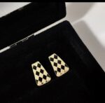 Gold Earrings with Checkerboard Pattern - Gold-Plated with Stones, Triangular Shape, Black Velvet Box for Women - Image 2