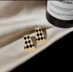 Gold Earrings with Checkerboard Pattern - Gold-Plated with Stones, Triangular Shape, Black Velvet Box for Women - Image 4