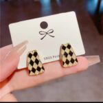 Gold Earrings with Checkerboard Pattern - Gold-Plated with Stones, Triangular Shape, Black Velvet Box for Women