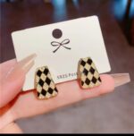 Gold Earrings with Checkerboard Pattern - Gold-Plated with Stones, Triangular Shape, Black Velvet Box for Women
