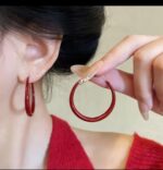 Red Hoop Earrings for Women - Shiny Solid Design, Modern Earrings for Everyday Wear and Parties - Image 3