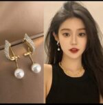 Gold-Plated Pearl Earrings with Cubic Zirconia Leaf Design for Women - Formal Party Earrings - Image 2